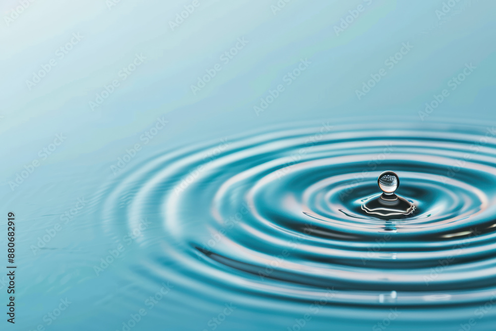 A clear, single water droplet creating ripples on a tranquil blue surface, symbolizing serenity and the impact of small actions in nature. A clear, single water droplet creating ripples on a tranquil blue surface, symbolizing serenity and the impact of small actions in nature.