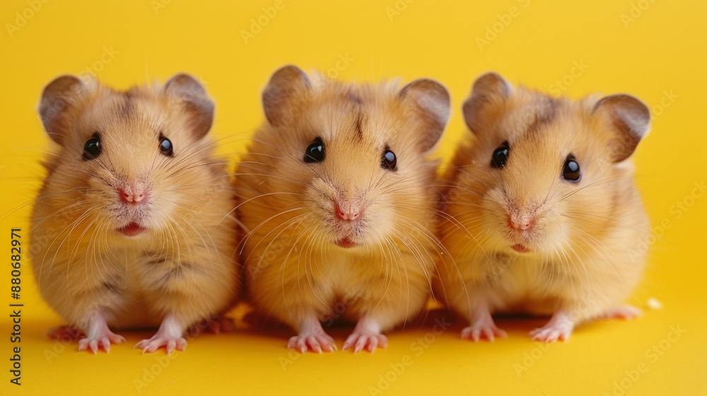 Three hamsters sitting in a row on yellow background Three hamsters sitting in a row on yellow background