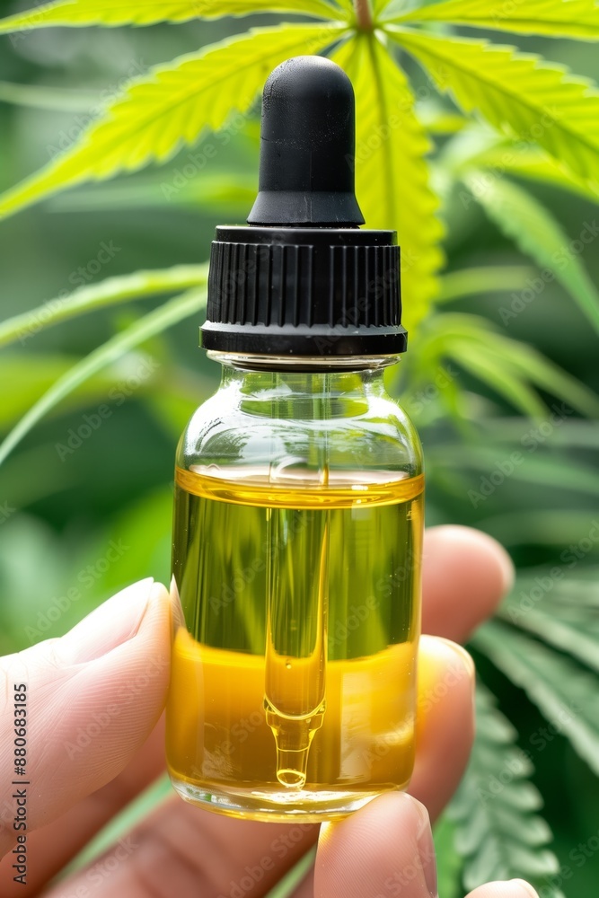Close-up of a hand holding a bottle of CBD oil with cannabis leaf background Close-up of a hand holding a bottle of CBD oil with cannabis leaf background