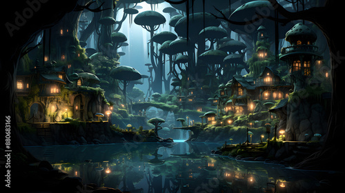 A mystical village nestled amidst towering mushrooms and ancient trees, glowing with enchanting lights and reflected in the still waters below.