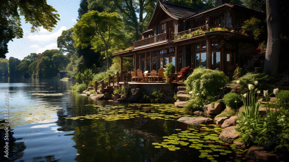 A Luxurious wooden house situated on the edge of a lake surrounded by lush green trees and water lilies adding to the serenity of the environment. A Luxurious wooden house situated on the edge of a lake surrounded by lush green trees and water lilies adding to the serenity of the environment.