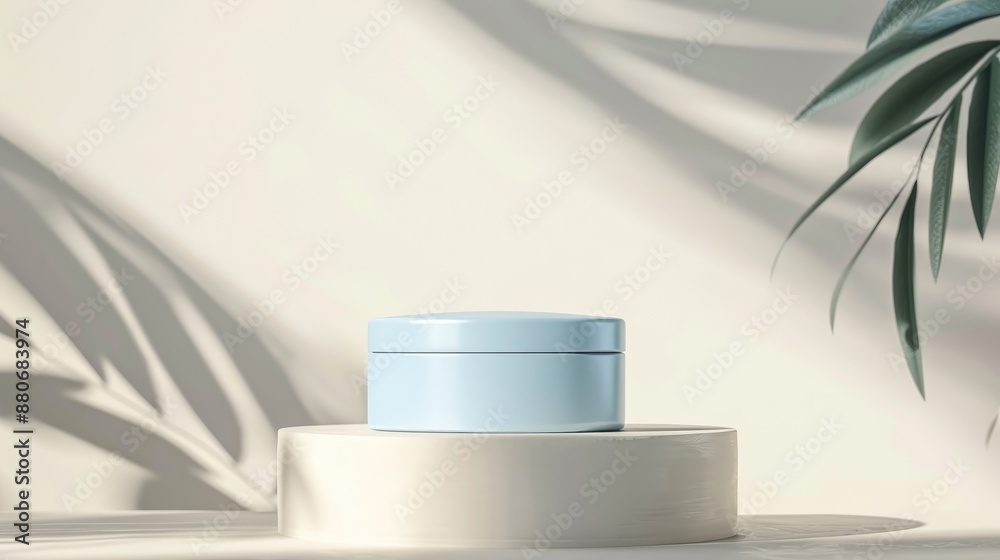 Blue cosmetics container mockup on podium against light background with space for text Blue cosmetics container mockup on podium against light background with space for text