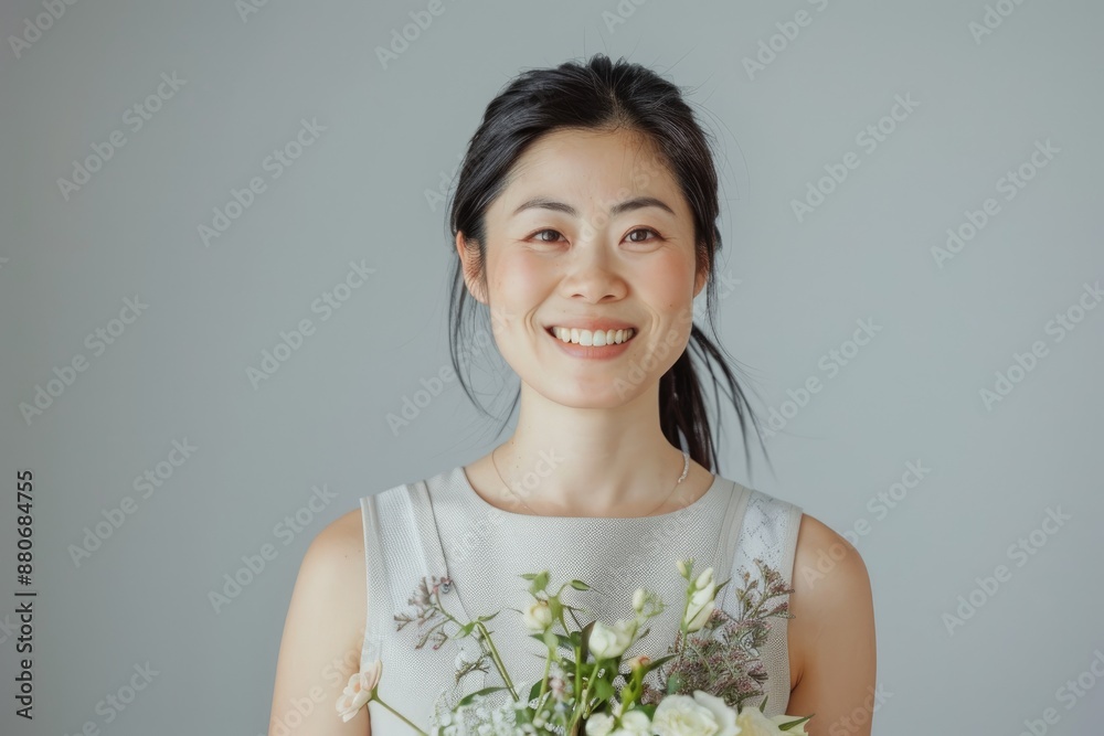 The image depicts a professional gardener or florist wearing an apron and holding flowers in a pot isolated on a white background. The image depicts a professional gardener or florist wearing an apron and holding flowers in a pot isolated on a white background.