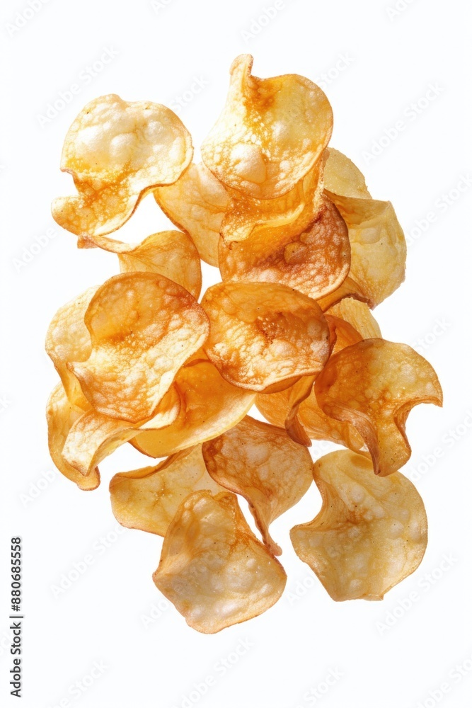 A stack of crispy potato chips against a clean white surface