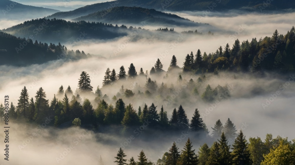 Obraz premium Fog covers the hills of a forest with coniferous trees