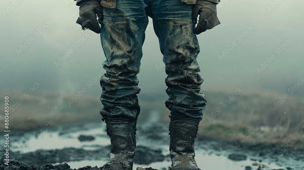 Person standing confidently on a muddy mountain peak their clothes stained with mud representing the effort needed for achievement Stock Photo with copy space Person standing confidently on a muddy mountain peak their clothes stained with mud representing the effort needed for achievement Stock Photo with copy space
