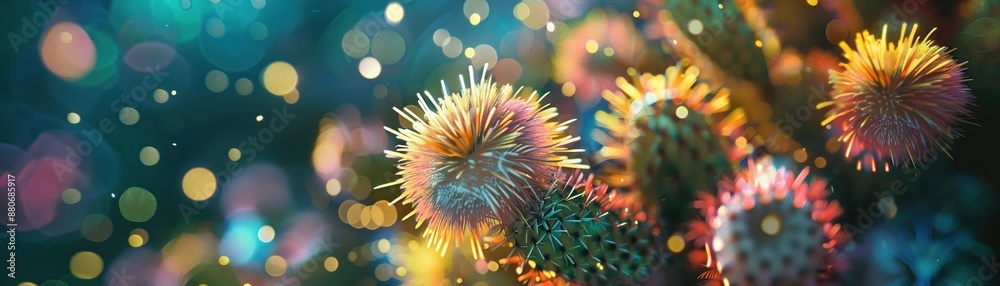 A surreal depiction of cacti transforming into vibrant fireworks to mark Cinco de Mayo festivities. A surreal depiction of cacti transforming into vibrant fireworks to mark Cinco de Mayo festivities.