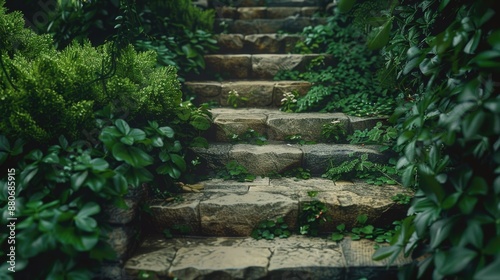 A set of stone steps surrounded by lush greenery, perfect for outdoor or nature-inspired designs