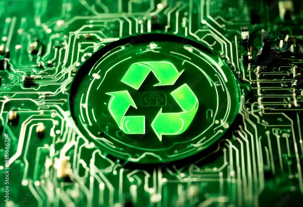 Naklejka premium technology board symbol environmental green technological innovations the recycle circuit representing computing concept reusing sustainability energy