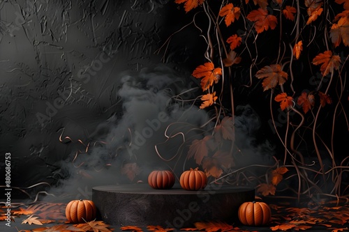 Halloween pumpkins on wooden planks with spooky background. Pumpkins with carved grimaces and candles inside in the dark for halloween. Jack o latern in smoke. photo