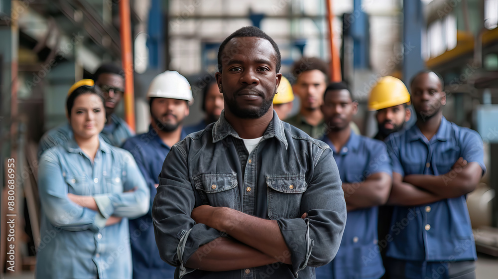 close up multiracial maintenance tech manager standing in front of a team of maintenance technicians with arm crossed for labor day background. close up multiracial maintenance tech manager standing in front of a team of maintenance technicians with arm crossed for labor day background.