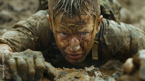 Individual climbing a muddy slope their face and clothes showing signs of the struggle Stock Photo with copy space