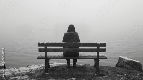 A solitary individual sits quietly on a frost-covered bench by the misty lakeside, perfectly capturing the serene solitude and contemplation of a winter morning photo