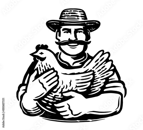 Farmer holding chicken logo. Poultry farm, organic food emblem. Hand drawn black and white vector illustration