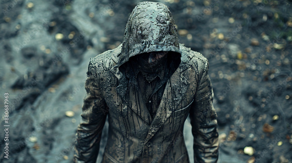 Businessman in a muddy expensive suit with a black hood showing determination and resilience Stock Photo with copy space Businessman in a muddy expensive suit with a black hood showing determination and resilience Stock Photo with copy space