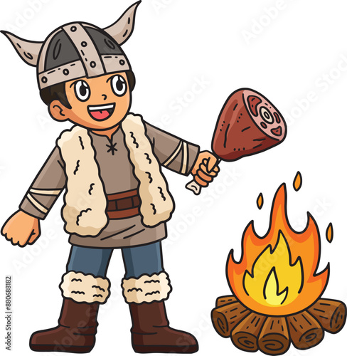 Viking Roasting Meat on a Bonfire Cartoon Clipart 