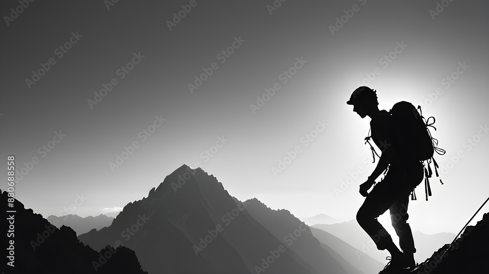 Fototapeta premium Silhouette of the climber who is climbing up the mountain against the ridge. Generative AI