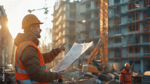 Construction worker in a hard hat and safety vest reviewing blueprints at a building site, with cranes and buildings in the background.