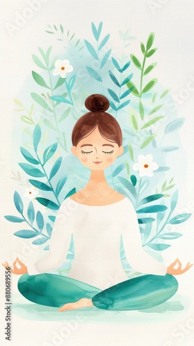 watercolor painting of woman meditating in lotus position, peaceful mind for good health concept