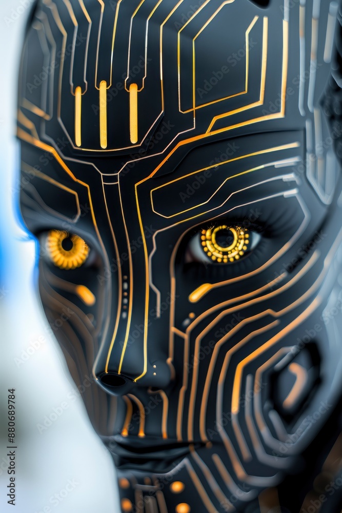 Close up of robot woman made from black metal and circuitry with glowing yellow eyes, facing the camera on blur background Close up of robot woman made from black metal and circuitry with glowing yellow eyes, facing the camera on blur background