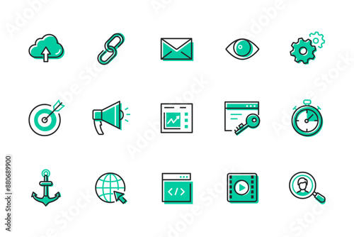 Information and data - set of line design style icons. SEO idea. High quality images of cloud storage, link, letter, browser, gears for settings, speaker, Internet and web search