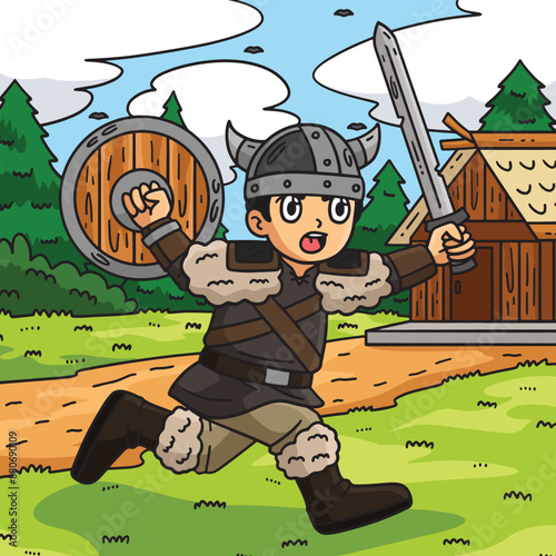Viking Warrior Charging Colored Cartoon I