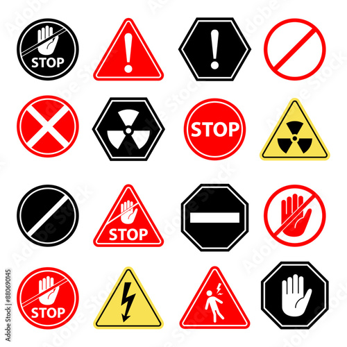 Caution warning signs set, Danger Signs, stop sign, stop hand symbol, electric shock hazard warning sign radiation sign symbols set