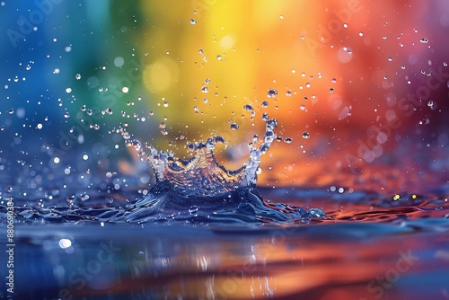 Water droplet splash captured in mid-air with a colorful rainbow background. High-speed photography emphasizing water dynamics and vibrant colors. 