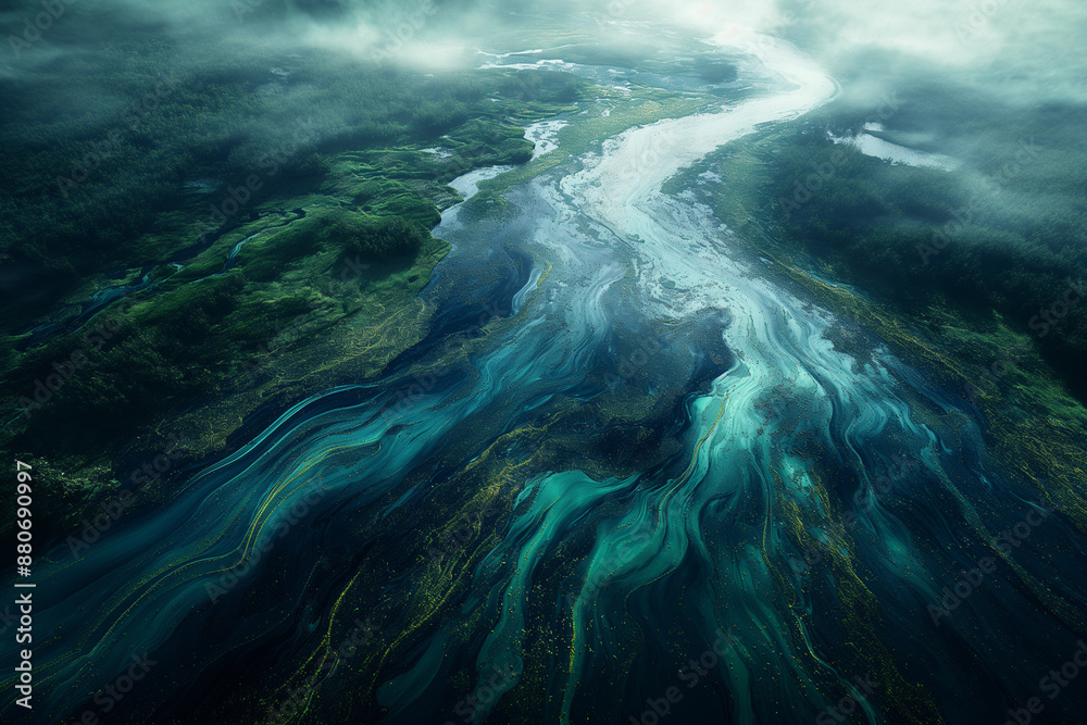 An aerial shot captures the serpentine journey of a river with vivid blue and green hues through a dense, misty forest. An aerial shot captures the serpentine journey of a river with vivid blue and green hues through a dense, misty forest.
