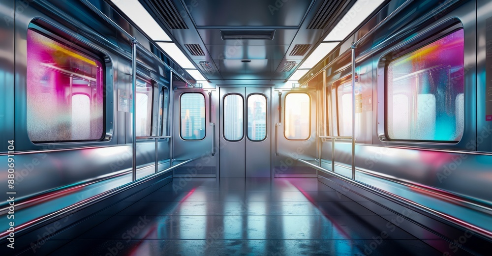 A brightly-lit, futuristic subway car, with metallic surfaces and colorful reflections of a cityscape through its windows, waits empty at a station. A brightly-lit, futuristic subway car, with metallic surfaces and colorful reflections of a cityscape through its windows, waits empty at a station.