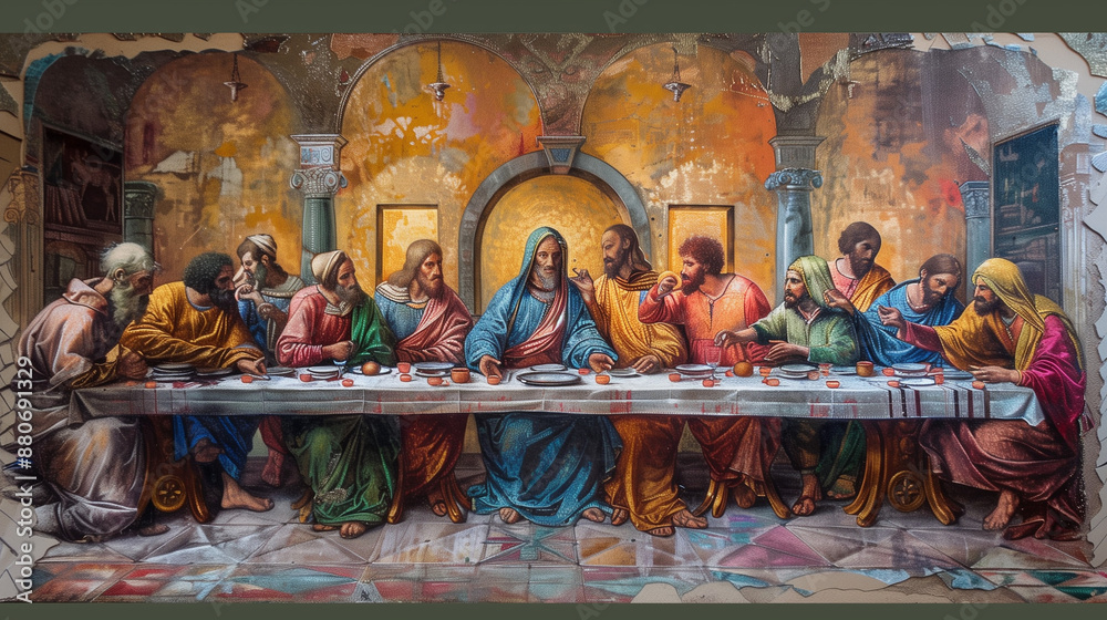 Fototapeta premium Gesù Cristo e l'ultima cena. Dipinto.