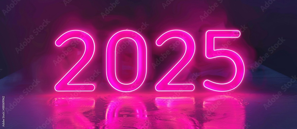 Neon Pink 3D Number 2025 in bold, three-dimensional form. 3D effect on dark background with lighting effects to sense of ambiance Neon Pink 3D Number 2025 in bold, three-dimensional form. 3D effect on dark background with lighting effects to sense of ambiance