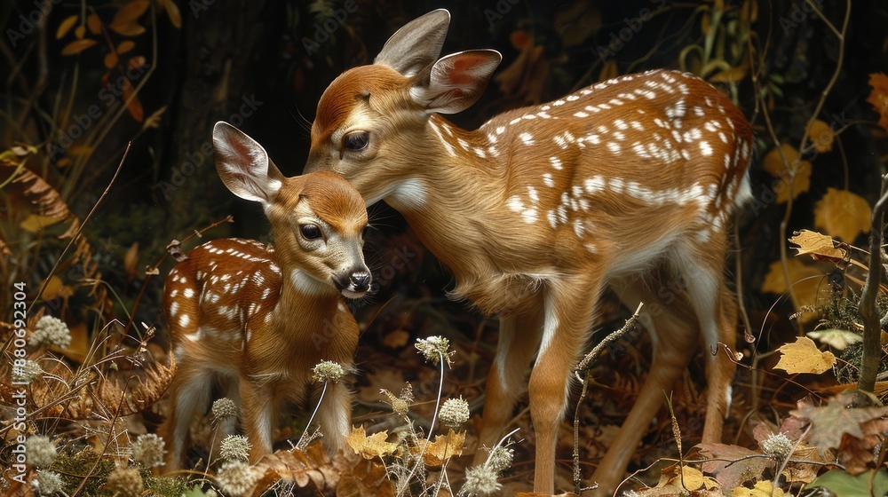 Two Fawn Deer in a Forest Setting Two Fawn Deer in a Forest Setting