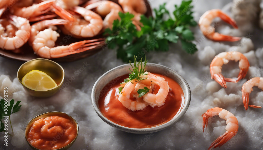 cocktail sauce in a bowl, surrounded by a ring of shrimp, ad shot, copy space for text
cocktail sauce in a bowl, surrounded by a ring of shrimp, ad shot, copy space for text