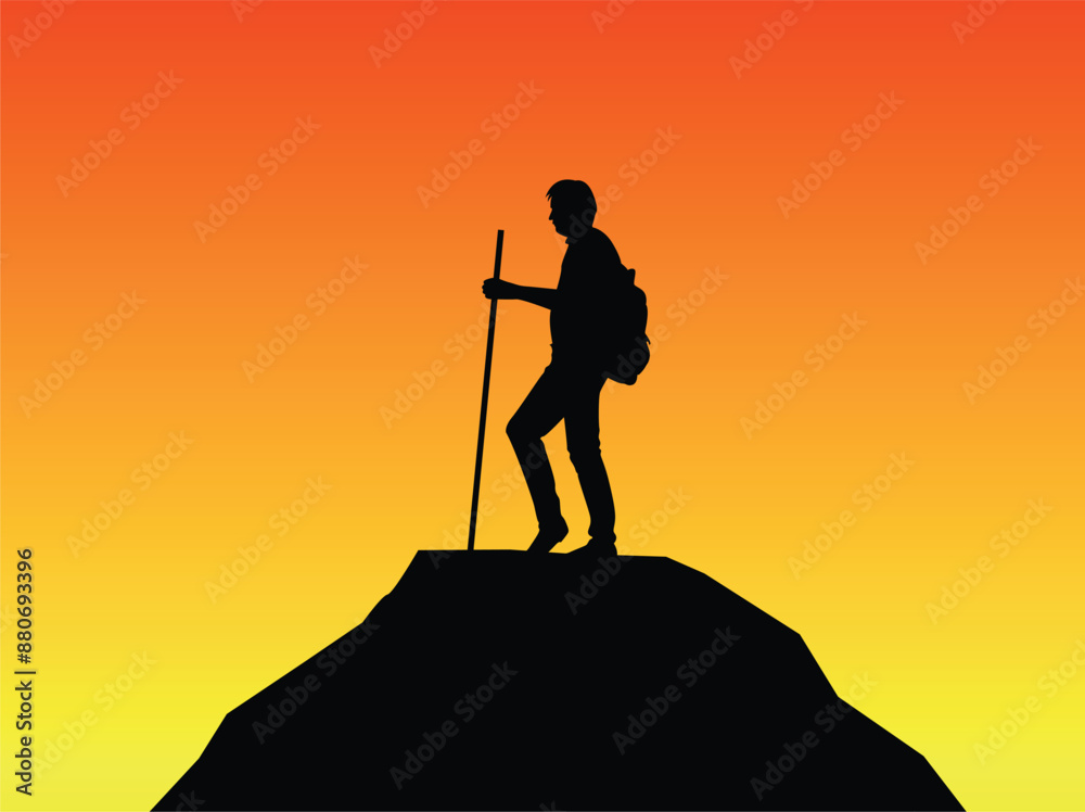 Hiker with Backpack and Walking Stick on a Mountain Top at Sunset. Adventures and sports activities concept vector Hiker with Backpack and Walking Stick on a Mountain Top at Sunset. Adventures and sports activities concept vector