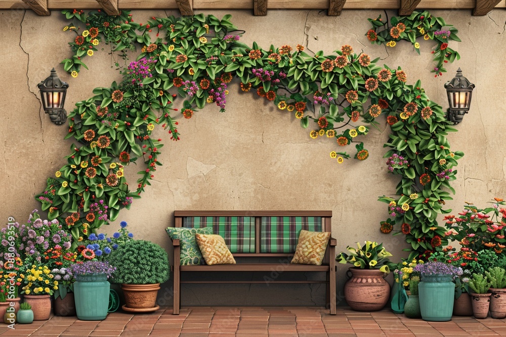 Naklejka premium A cozy backyard nook with climbing vines, potted plants, and a wooden bench, perfect for relaxation, Bohemian, Digital Art, Warm and inviting