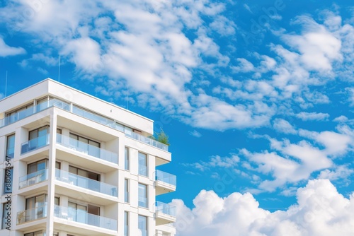 White Apartment Building. Modern Generic Architecture Against Blue Sky with Plant and Cloud Accents