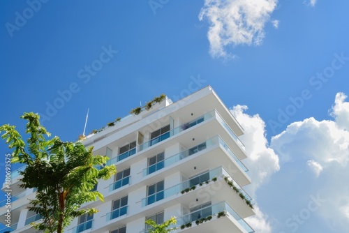 White Apartment Building. Modern Generic Architecture with Blue Sky Background