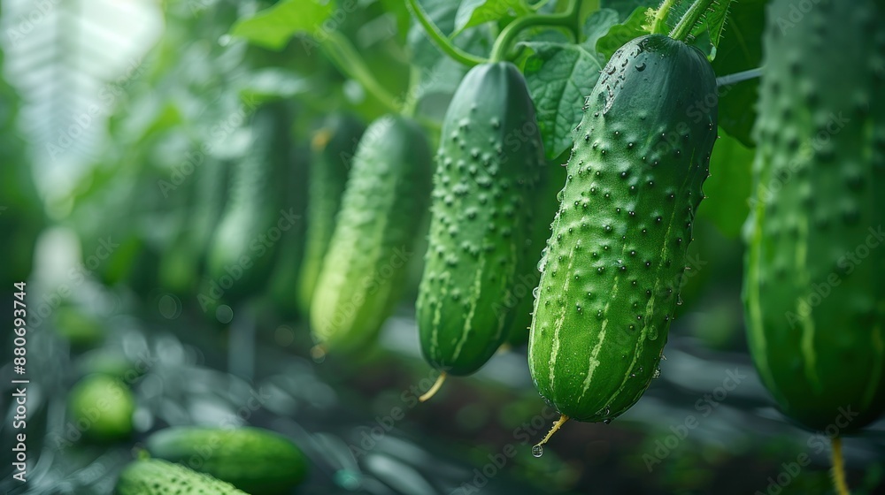 Fresh Cucumbers Hanging in a Greenhouse Fresh Cucumbers Hanging in a Greenhouse