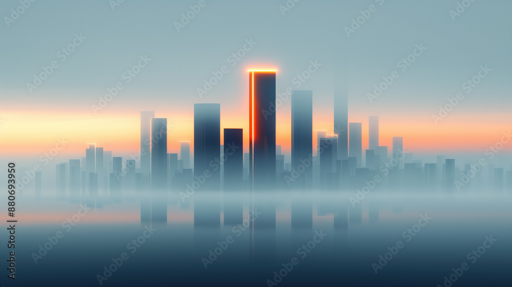 Fototapeta premium Abstract cityscape at dawn with tall buildings emerging from the fog, symbolizing business, innovation, and a new beginning.