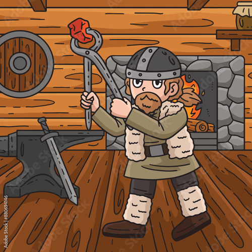 Viking Working in the Forge Colored Cartoon 