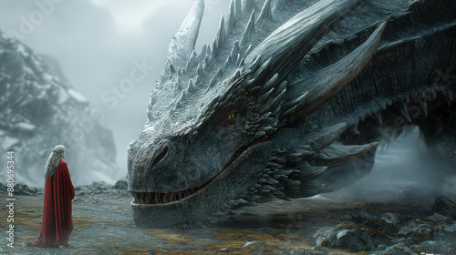 Medieval dragon with warrior, dragons and fantasy concept