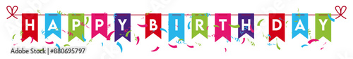 Happy birthday flags banner with confetti on transparent background.