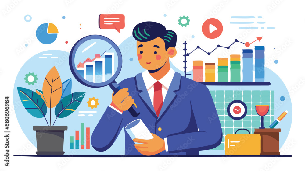 Analytical stock market researcher examining financial data with magnifying glass, forecasting economic trends Analytical stock market researcher examining financial data with magnifying glass, forecasting economic trends