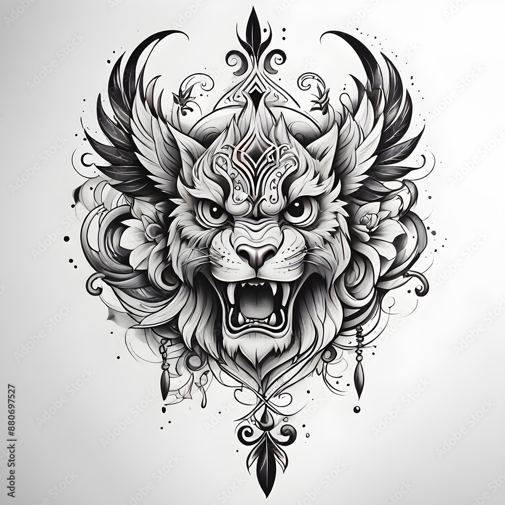 Fototapeta premium Black and white tattoo design on white background. Generative AI