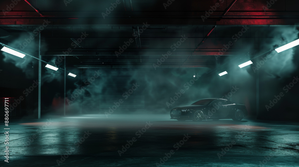 Obraz premium The garage interior is depicted with dim lighting and a haze of smoke, creating a dramatic and industrial ambiance. The walls and ceiling are obscured by shadows and smoke, enhancing the atmospheric 