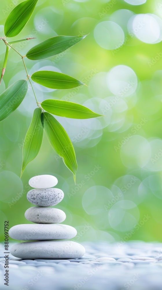 Obraz premium a serene spa background with balanced stones and bamboo leaves, symbolizing tranquility for wellness