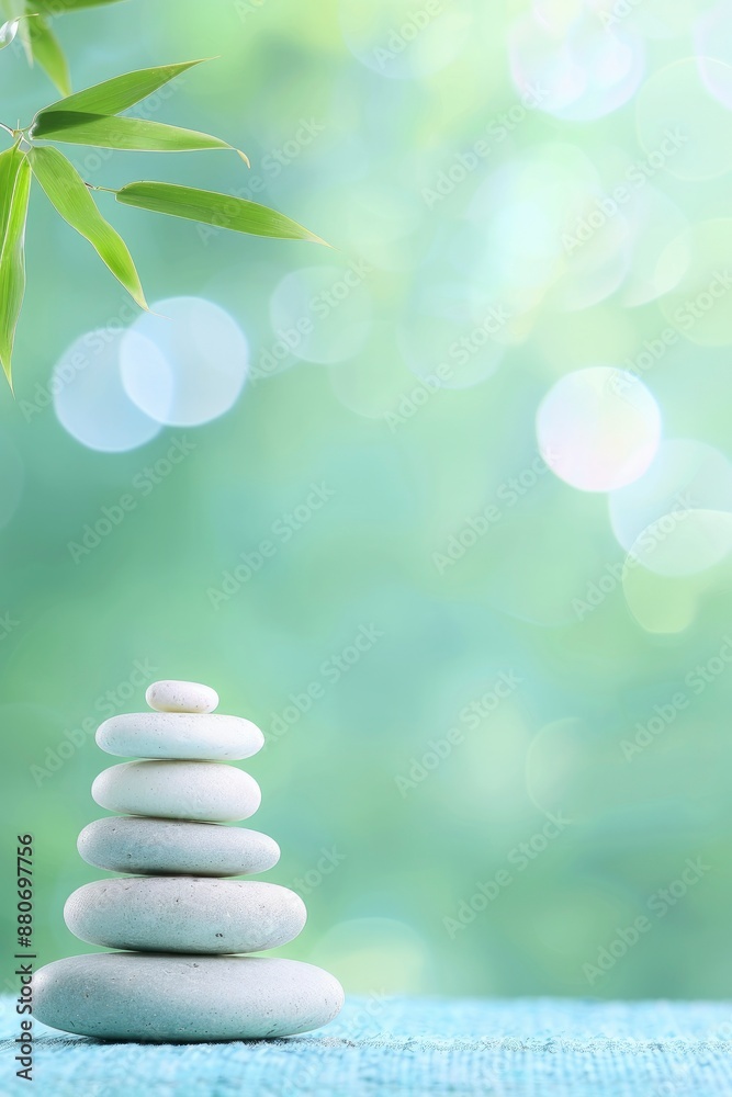 Obraz premium a serene spa background with balanced stones and bamboo leaves, symbolizing tranquility for wellness