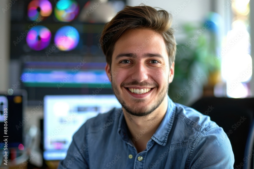 Smiling Young Caucasian Man in Blue Shirt Looking at Camera Professional Portrait - Web Design & Development Smiling Young Caucasian Man in Blue Shirt Looking at Camera Professional Portrait - Web Design & Development