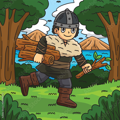 Viking Child Gathering Logs Colored Cartoon 